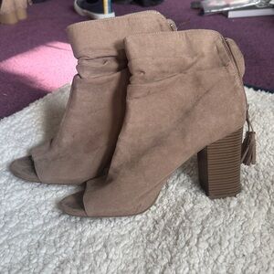 Tan Peep-Toe Ankle Boots